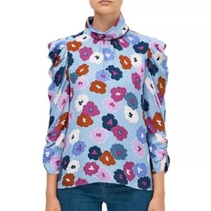 Kate Spade New York Wintergarden Blouse Blue Multi Floral Silk Blend Large